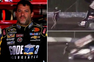 Left: Tony Stewart. Right: Clips from footage of Kevin Ward Jr. accident.